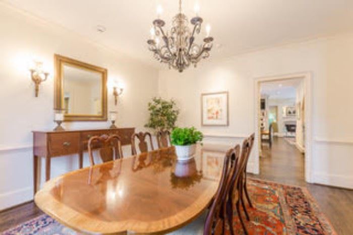 Nicely appointed dining room, with Baker (Historic Charleston Collection) dining room table (2 leaves) with eight chairs.