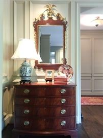 Lovely flame mahogany 4-drawer chest, one of a pair of blue/white porcelain table lamps, one of a pair of lovely, vintage mahogany & gilt wood mirrors, with golden eagles.