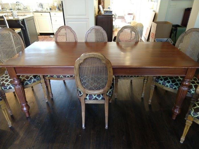 Handsome French Farm table with set/8 vintage wood/cane dining chairs (2 arms, 6 sides).