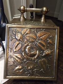 Antique English brass coal hod, with raised floral design, ca. 1860.