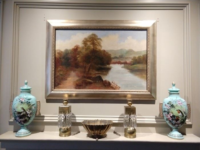 Antique, artist signed oil painting, pair of hand painted blue opaline glass  Continental urns, pair of vintage brass/crystal candlesticks. 