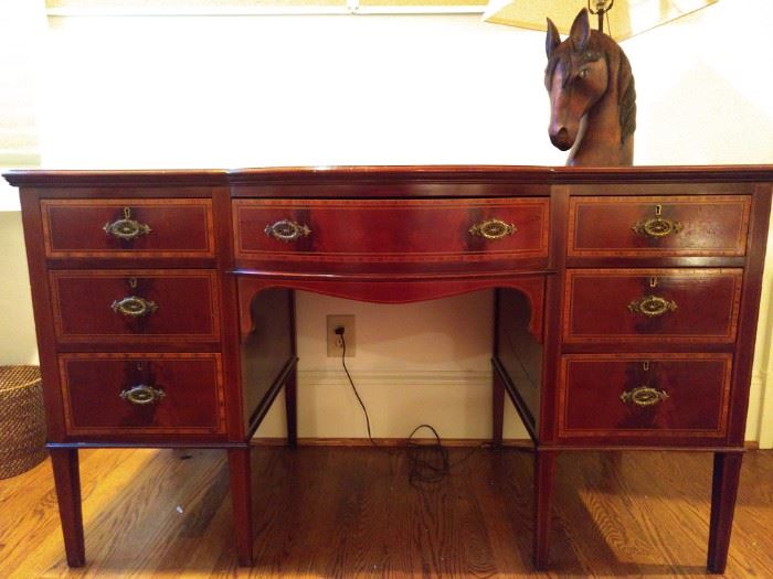 Lovely English mahogany desk, with satinwood inlays.