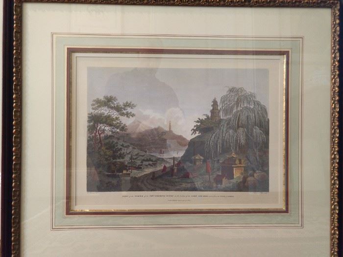 Beautifully framed/matted/filleted hand colored lithograph "On the borders of the lake See-Hoo, taken from the Vale of the Tombs". London April 12, 1796. 