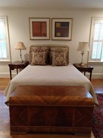 Queen size bed with rarely used Sealy Posturepedic mattresses, pair of Pembroke side tables with satin inlay and cascading bellflowers, vintage Lane cedar chest. 