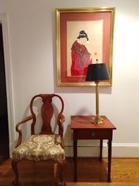 Nicely carved burled wood vintage armchair, Shaker mahogany side table.