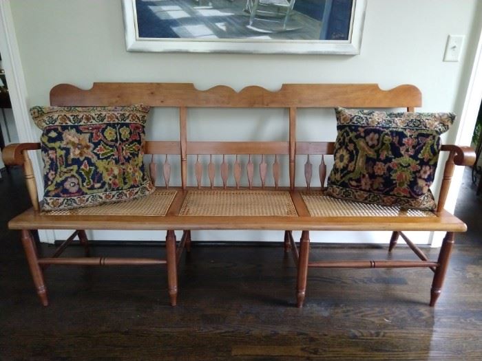 Perfect patina on this American pine/cane bench.