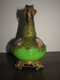 brass clad green glass decanter
