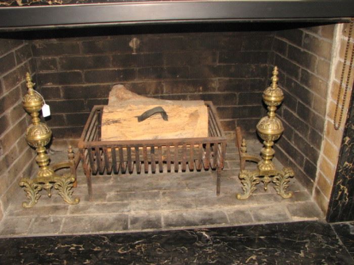 fireplace andirons, log basket