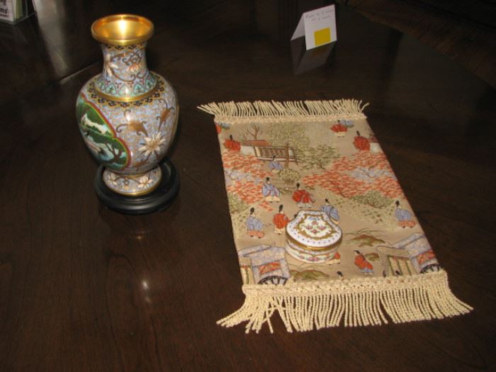 Cloisonne vase and silk art