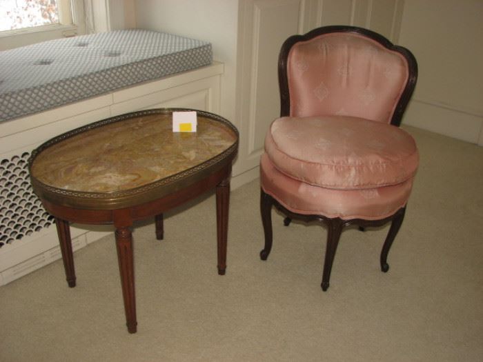 ladies' chair, marble top side table