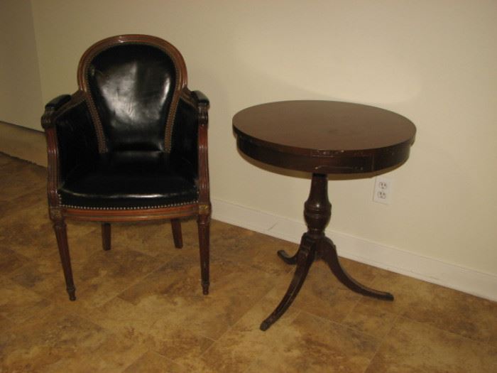 leather chair, mahogany side table
