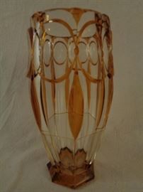 Hand cut amber/ clear Bohemian glass vase