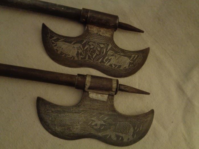 Pair Indo-Persian Tabar Bullova silver inlay battle axes
