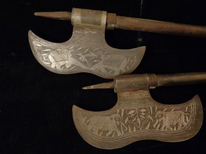 Pair Indo Persian vintage silver inlay Tabar Bullova battle axes