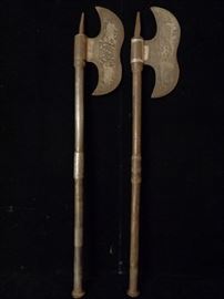 Pair Indo Persian vintage silver inlay Tabar Bullova battle axes