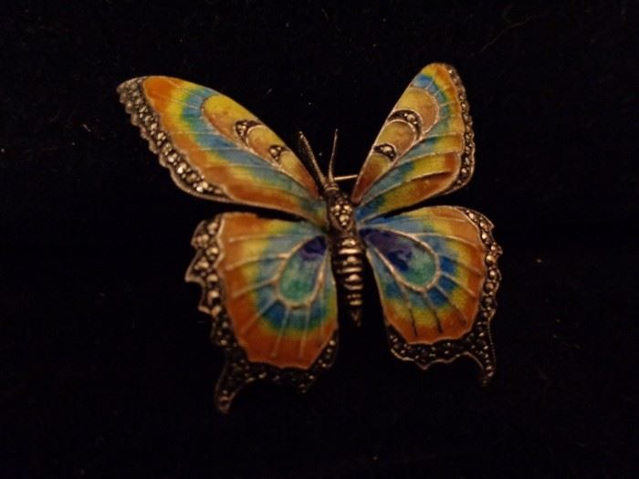 Caviness sterling, marcasite, and enamel butterfly pin