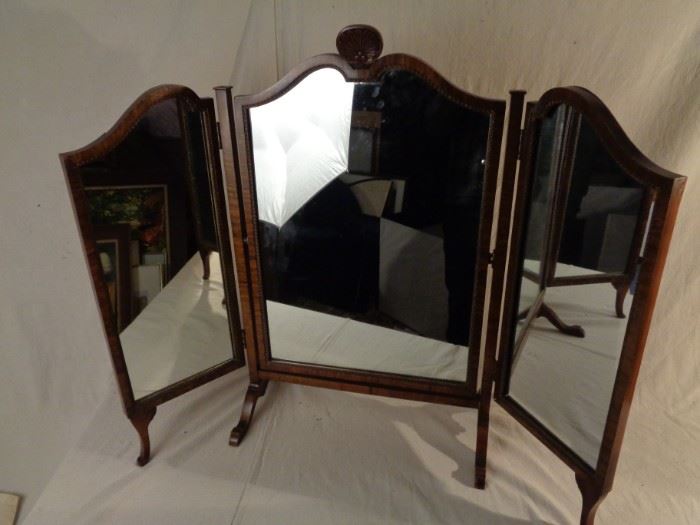Antique mahogany tri-fold table vanity mirror