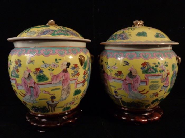 Pair vintage Chinese porcelain covered jars 