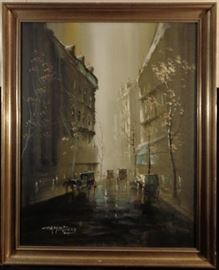Jose Campuzano oil on canvas rainy Paris street scene