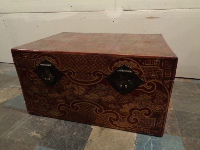 Antique Chinese lacquered leather trunk