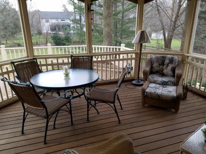Patio set. 4 chairs, table, wicker etc.