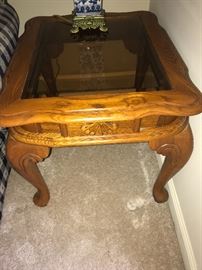 Pair of glass top oak tables