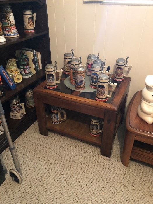 Beer steins and end table 20.00