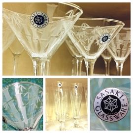 Bamboo pattern crystal by Sasaki Glassware. Vintage Martini and Pilsner glasses. 