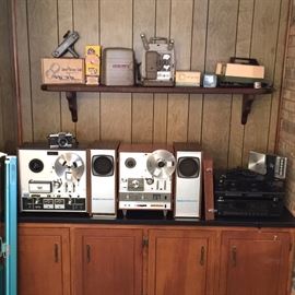 Vintage Electronics 
1. Akai Reel to Reel recorder GX-220D
2. Akai X-1800SD Reel to Reel and 8 Track recorder with amplifier and cover
3. Akai Jet Stream speakers pair  SW-35
4. Pioneer Stereo Reciever SX-1700
5. Sansui Stereo Double Cassette Deck D-750WR
6. Argus Pre-viewer IV for 35mm and 127 size slides
7. Bell & Howell Projector 253-AX
8. Smith-Victor Light Bar with GE bulbs
9. Ricoh 35 Flex Camera
10. Panasonic Slim Line Cassette Player Recorder RQ-2755
