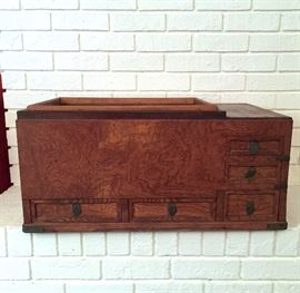 Antique Japanese Hibachi with copper brassiere and five drawers
28.5” wide x 16.5” deep x 12.5” tall