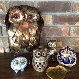 Pottery, ceramic, and metal work owls