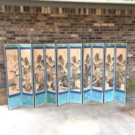 Large hand painted silk wall screen, 10 panels. Approximately 10’ Long x 4’ tall