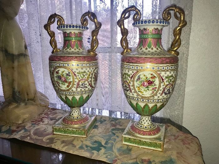 PAIR SEVRES TALL VASES WITH TWISTED GOLD HANDLES