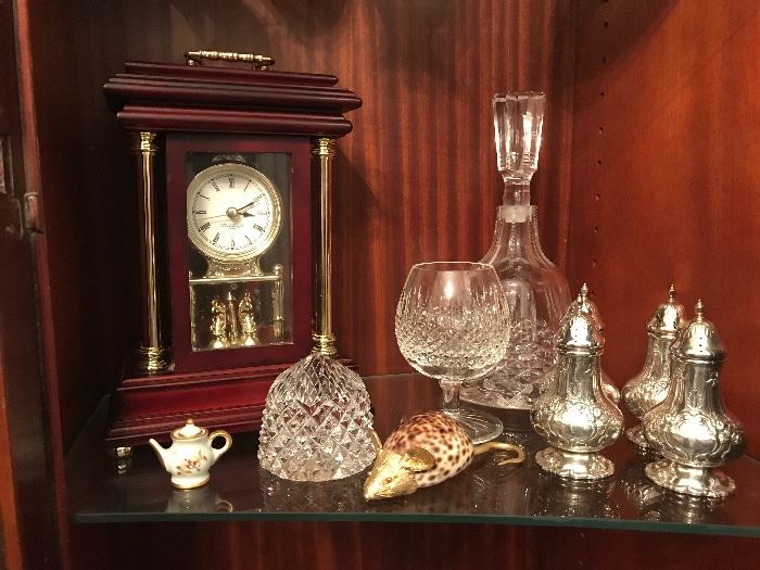 WATERFORD DECANTER AND BRANDY GLASS/ 2 PR. FRANCIS 1 STERLING SALT AND PEPPER/ MOUSE WITH SHELL BODY, PAPER WEIGHT/HERITAGE  QUARTZ MOVEMENT CLOCK