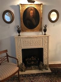 FAUX MARBLE FIREPLACE/ VICTORIAN BRASS  FENDER, VICTORIAN FIRE BOX/ PICTURE OF MOZART ?/ PR. VICTORIAN PITCHERS ORMOLU WITH COBALT PORCELAIN 