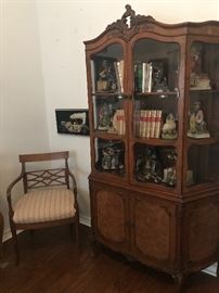CHARMING ANTIQUE FRENCH BOOK OR DISPLAY CABINET WITH BURL WOOD PANELS/ ANTIQUE  ARM CHAIR