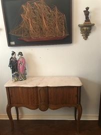 ANTIQUE FRENCH CONSOLE , MARBLE TOP WITH TAMBOUR DOORS/ SHIP SCULPTURE WITH 3 MASTS MADE WITH COPPER WIRE