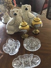 PR. STAFFORDSHIRE DOGS/ PR. YELLOW SEVRES URNS/ 3 PIECES CUT GLASS