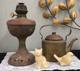 Brass Hurricane Lamps, Tea Kettle, Fenton Bird and KItty