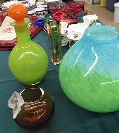 Blenko Decanter, Large Vase, Small Amber Bowl