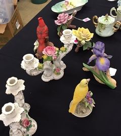 Capodimante Candlesticks, Porcelain Birds and Flowers