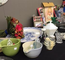Assorted Hand Made Pottery, Milk Glass Candy Dish, Fire King Custard Bowls, Play Slot Machine, Murano Glass Vase, Hand Drawn Baby Pics, Ken Doll, Barbie Doll