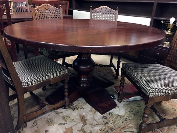 Round Pedestal Table.  Set 4 cane back chairs