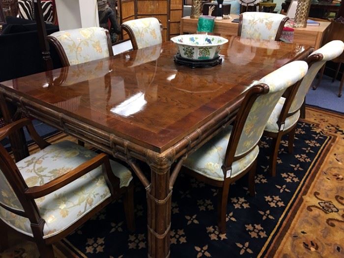 Henredon burled wood bamboo leg dining table and chairs