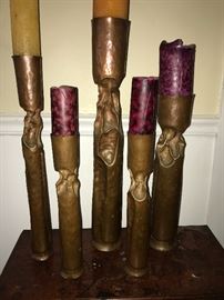 Collection of five Thomas Roy Markusen "Brutalist" copper candleholders, mid 20th century.
