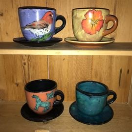 Oversized cups and saucers. Art pottery by Rainbow Gate, Santa Fe, NM.