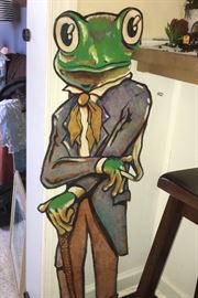 Froggie went a courtin'! Painted frog on Masonite, about 4' tall--some damage.