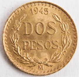 Lot 316 - Coin 1945 Mexico Dos Peso Gold Coin BU