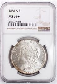 Lot 3 - Coin 1881-S Morgan Silver Dollar NGC MS64+