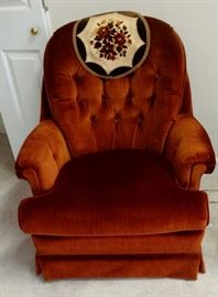 Rust colored Velour Upholstered  Rocker, located in Office 